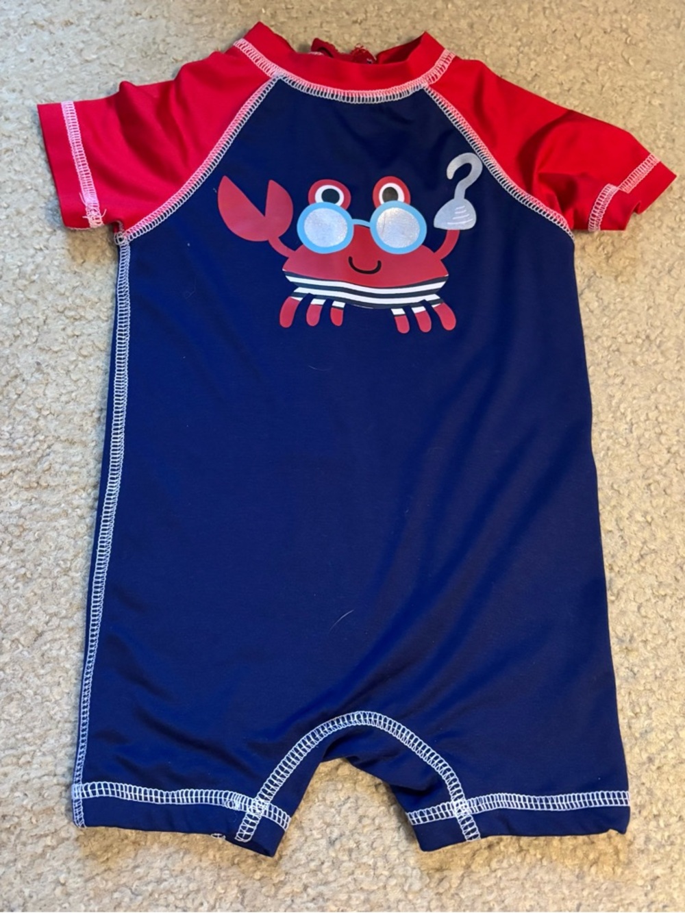Baby boy size 6-9M one piece bathing suit swim suit romper short sleeved crab